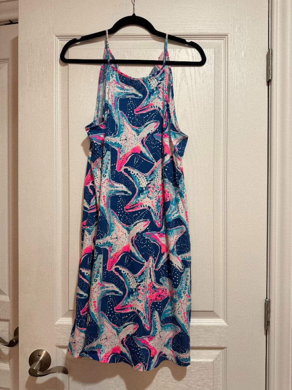 Lilly Pulitzer Starfish Print Swing Dress Size Large Blue Pink Tassel Back